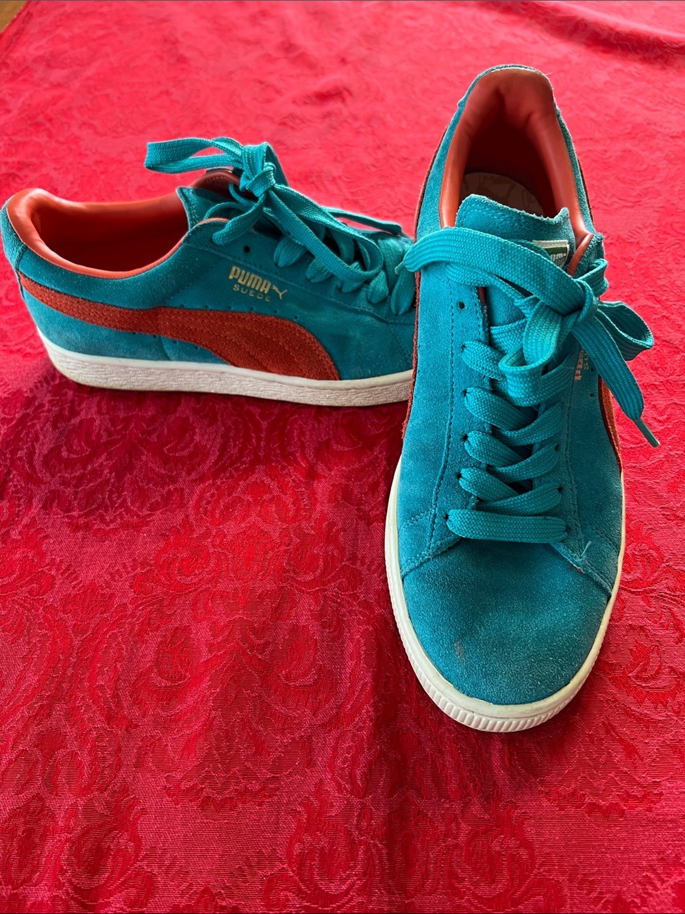 Puma Suede Women 8 Teal Orange Classic Low Top Sneakers Retro
